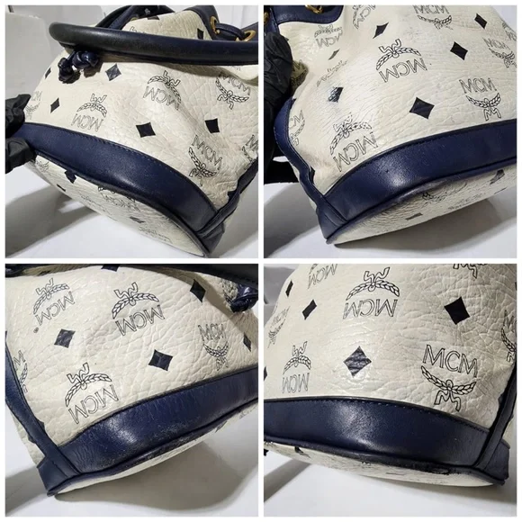 Authentic MCM 2way Visetos Small Drawstring Shoulder Bag White/Navy Blue - Picture 11 of 16